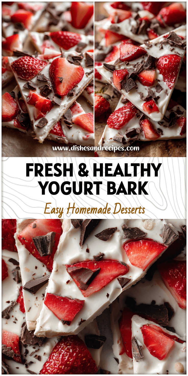 Close-up of Greek yogurt strawberry dark chocolate bark topped with fruit pieces for a healthy dessert snack.